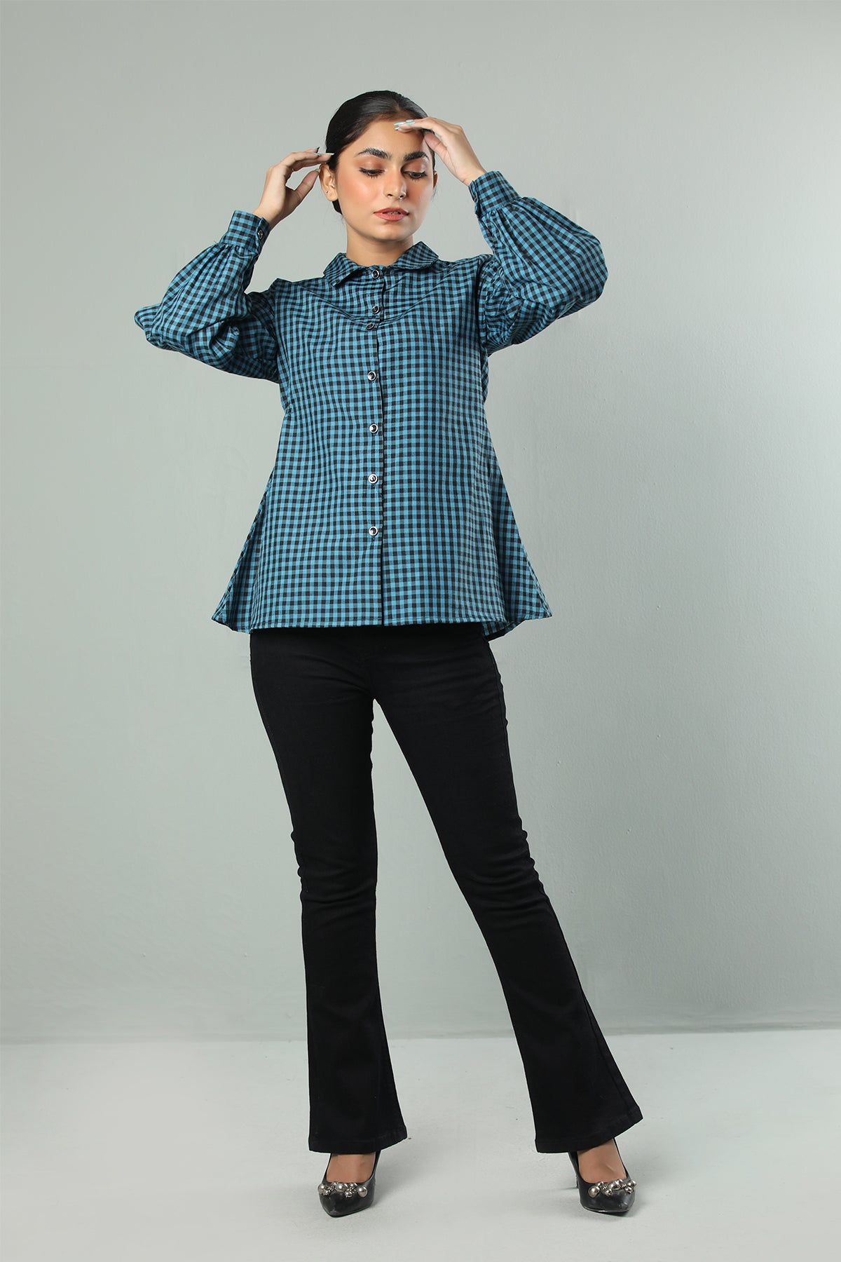 Teal Gingham Flare Shirt with Puff Sleeves