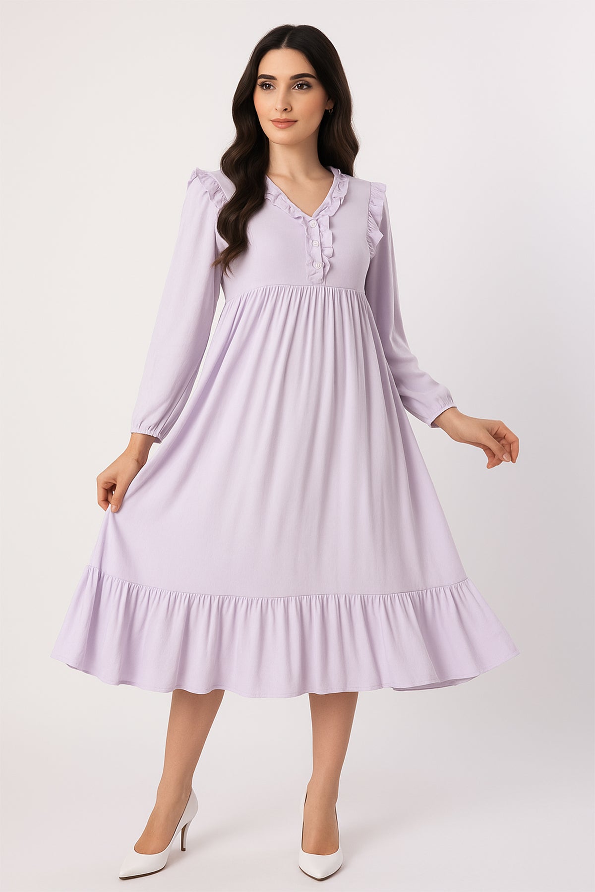 Soft Lilac Ruffle Detail Empire Midi Dress
