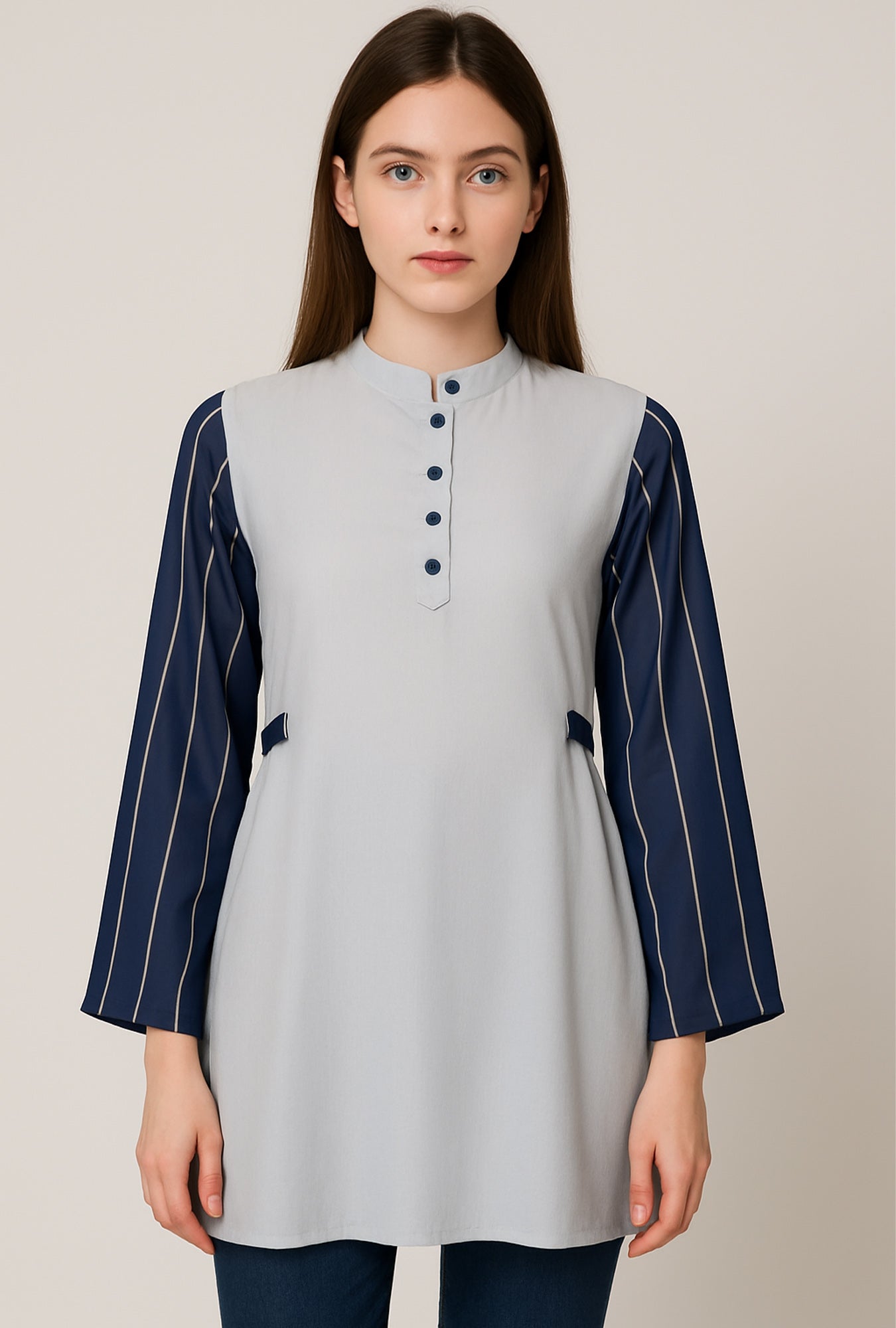 Two-Tone Minimalist Tunic with Striped Sleeves – Light Blue & Navy