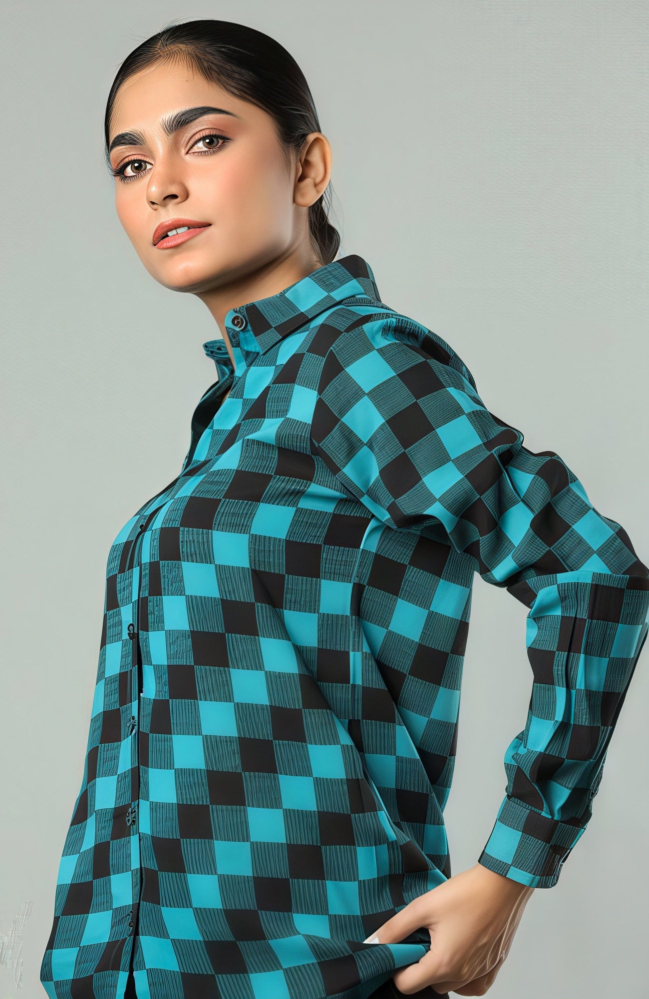 Teal & Black Checkered Long Sleeve Shirt
