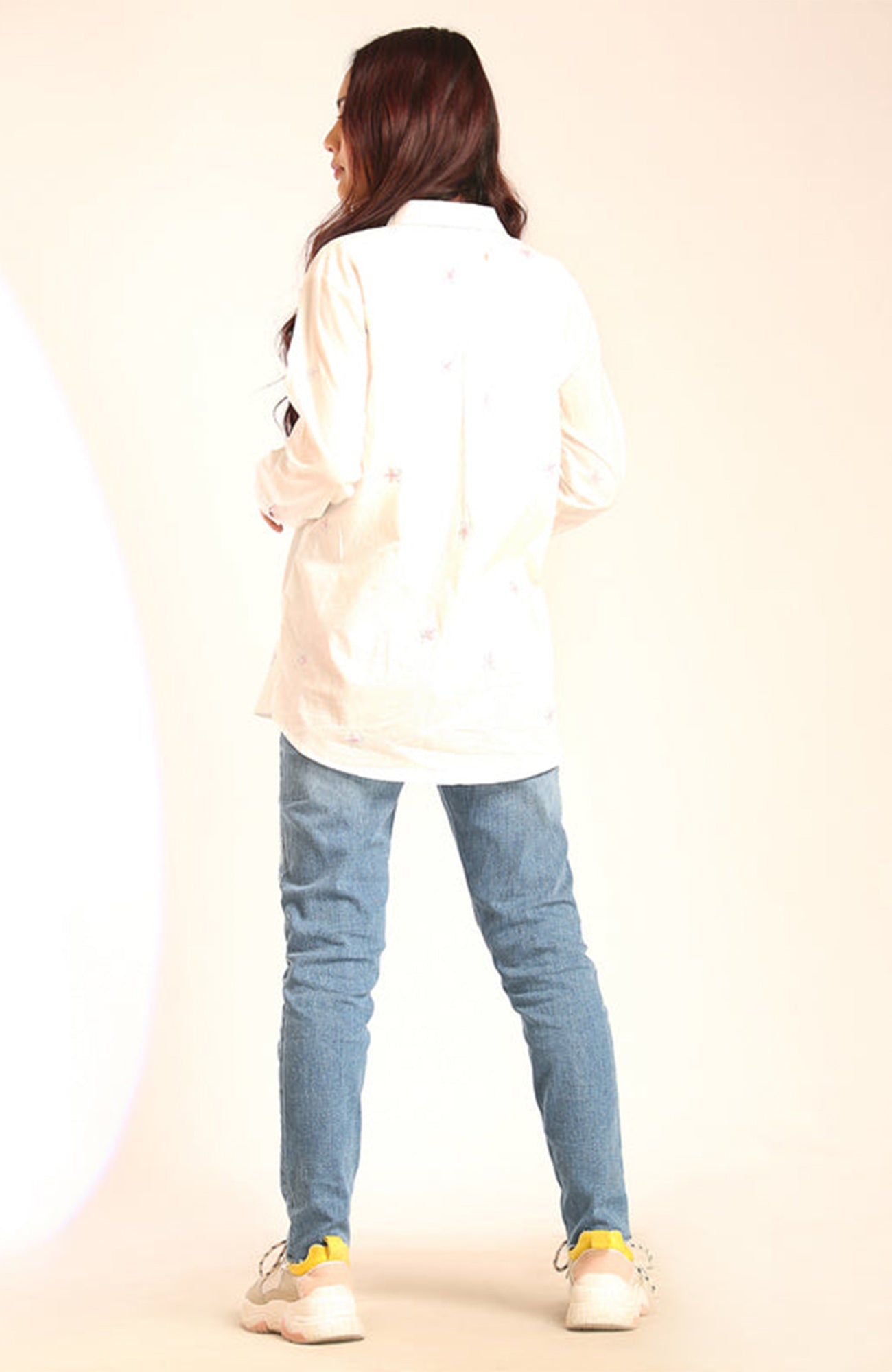 White Embroidered Button-Down Shirt with Pink Lace Accent Pocket