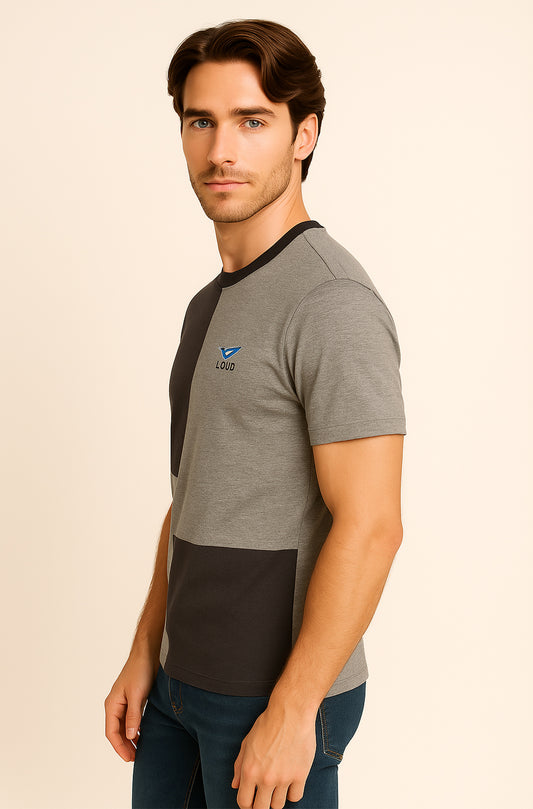 Dual-Tone Color Block T-Shirt – Charcoal & Grey