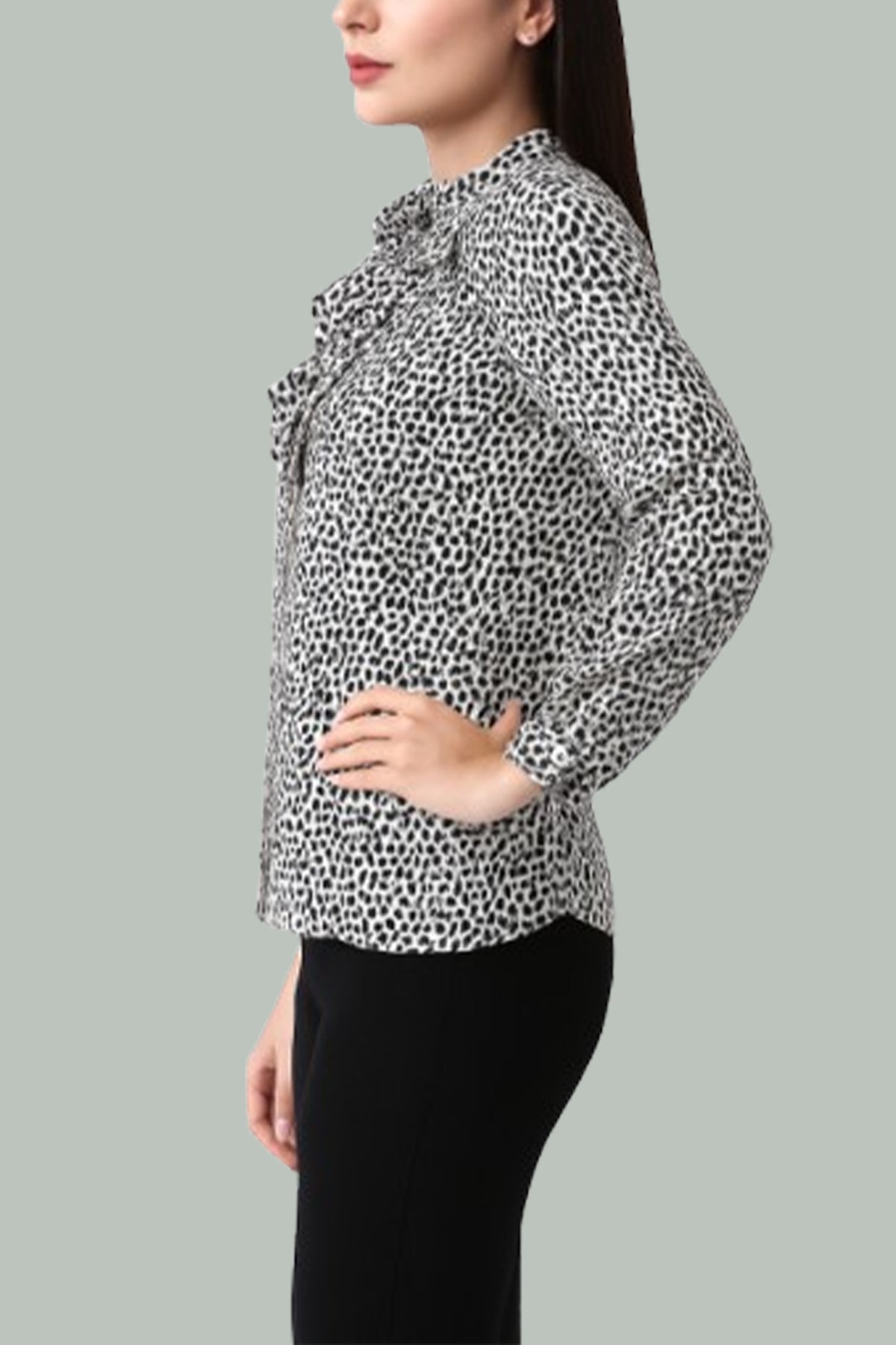 Monochrome Ruffle-Front Printed Shirt