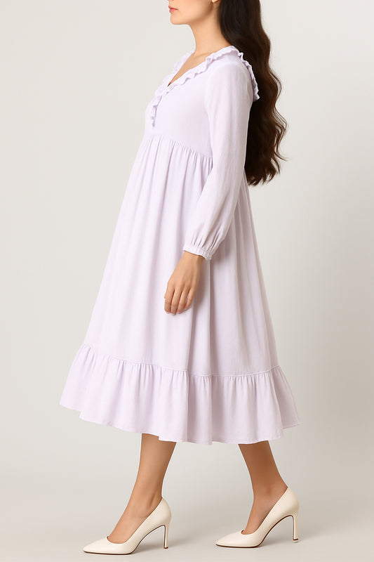 Soft Lilac Ruffle Detail Empire Midi Dress