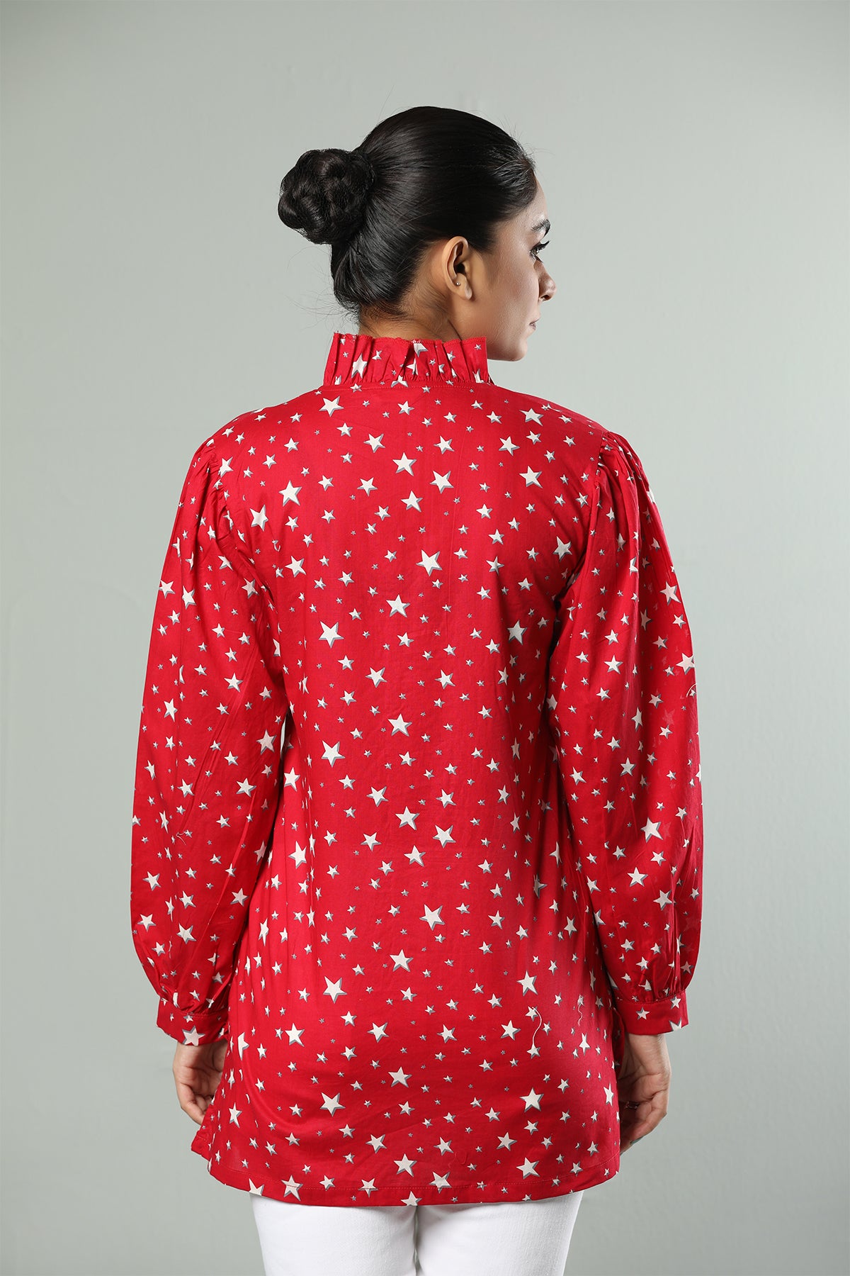 Red Star-Print Ruffle Shirt