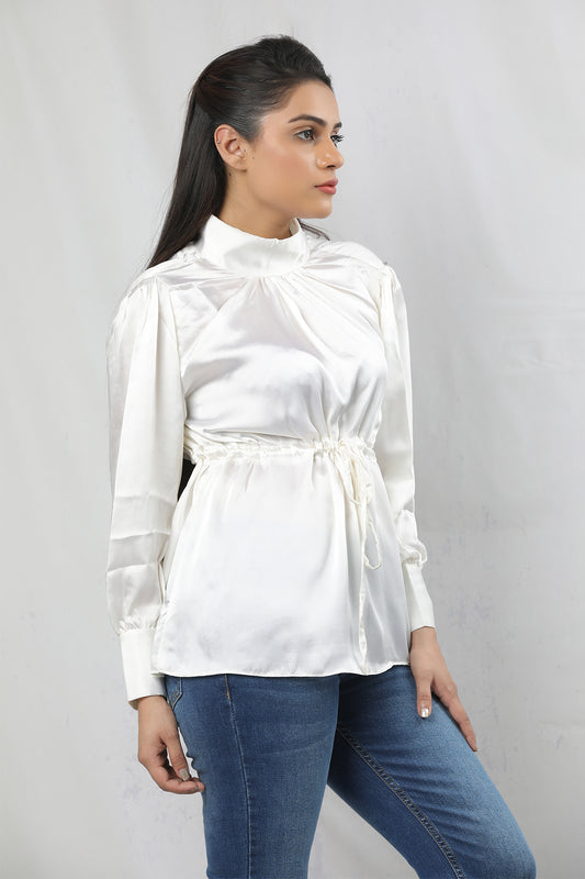 Elegant White Satin Drawstring Shirt