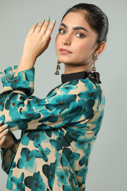 Teal Bloom High-Neck Printed Kurti