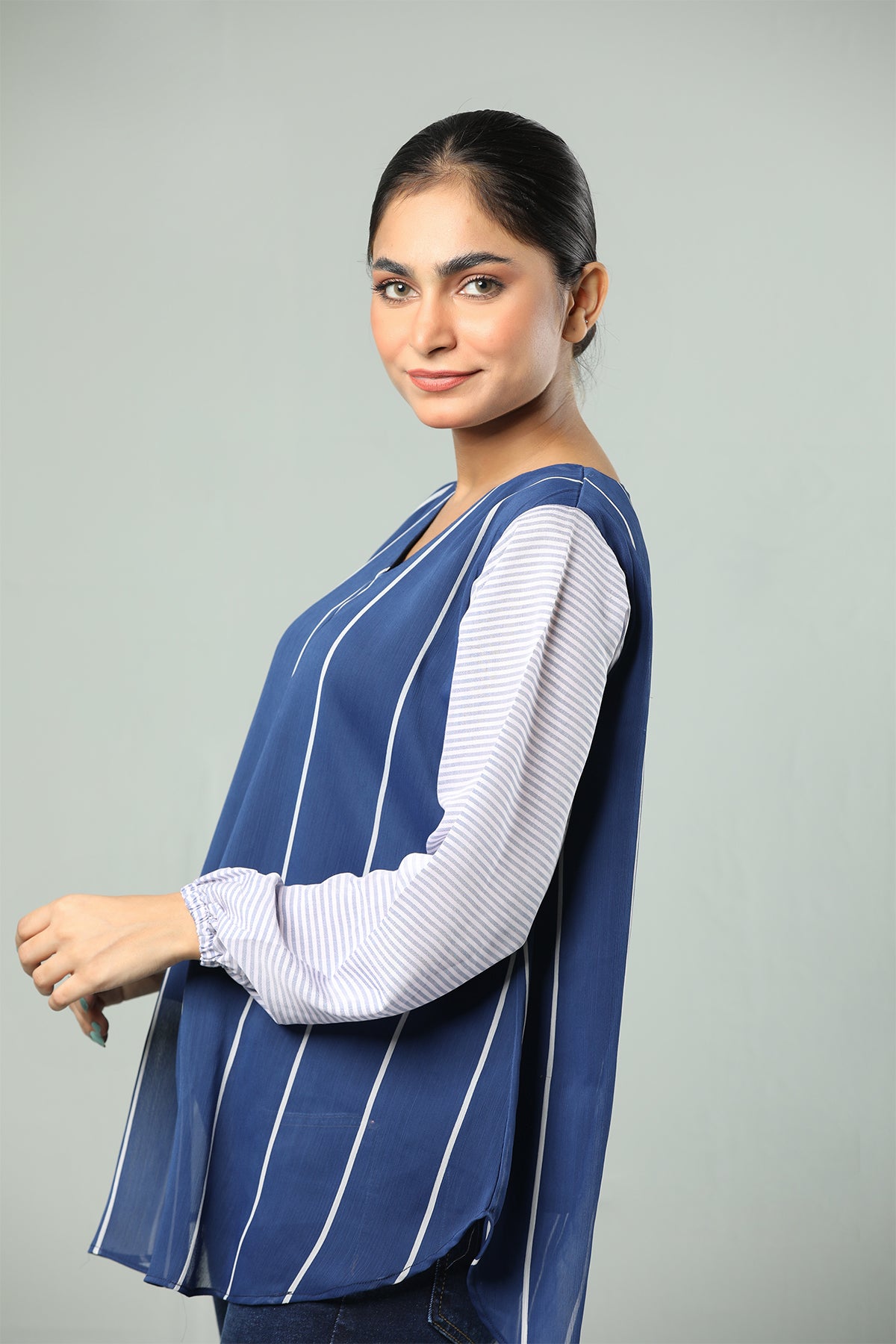 Navy & White Mixed Stripe Flowy Tunic – Relaxed Fit