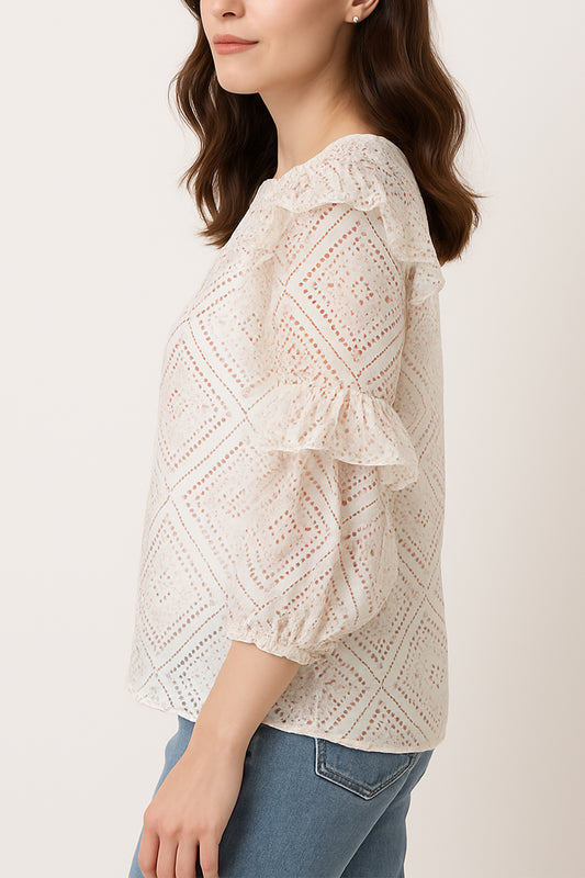 White Textured Frill Sleeve Top