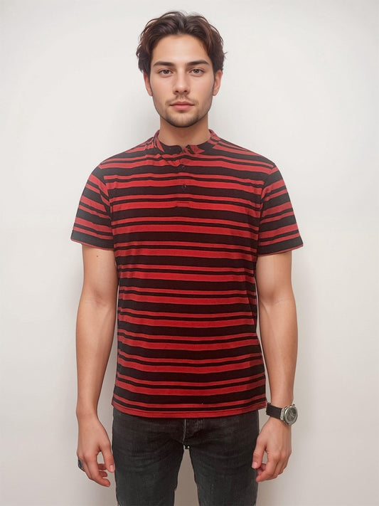 RED & BLACK STRIPED YARN DYED HENLEY TEE