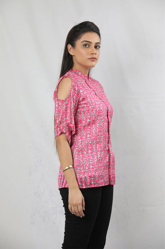 Pink Cut-Out Sleeve Printed Shirt