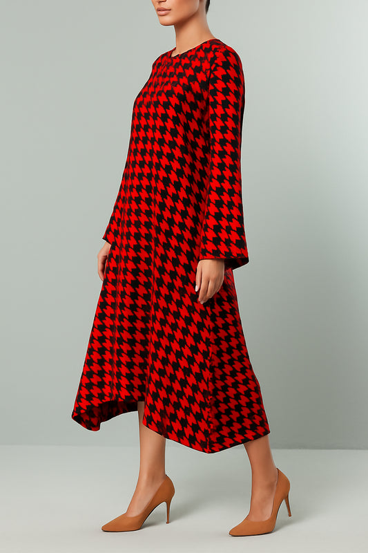 Bold Elegance Red Houndstooth Flared Midi Dress