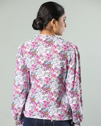 Women’s Floral Tie-Neck Linen Shirt