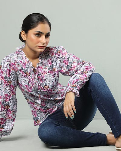 Women’s Floral Tie-Neck Linen Shirt