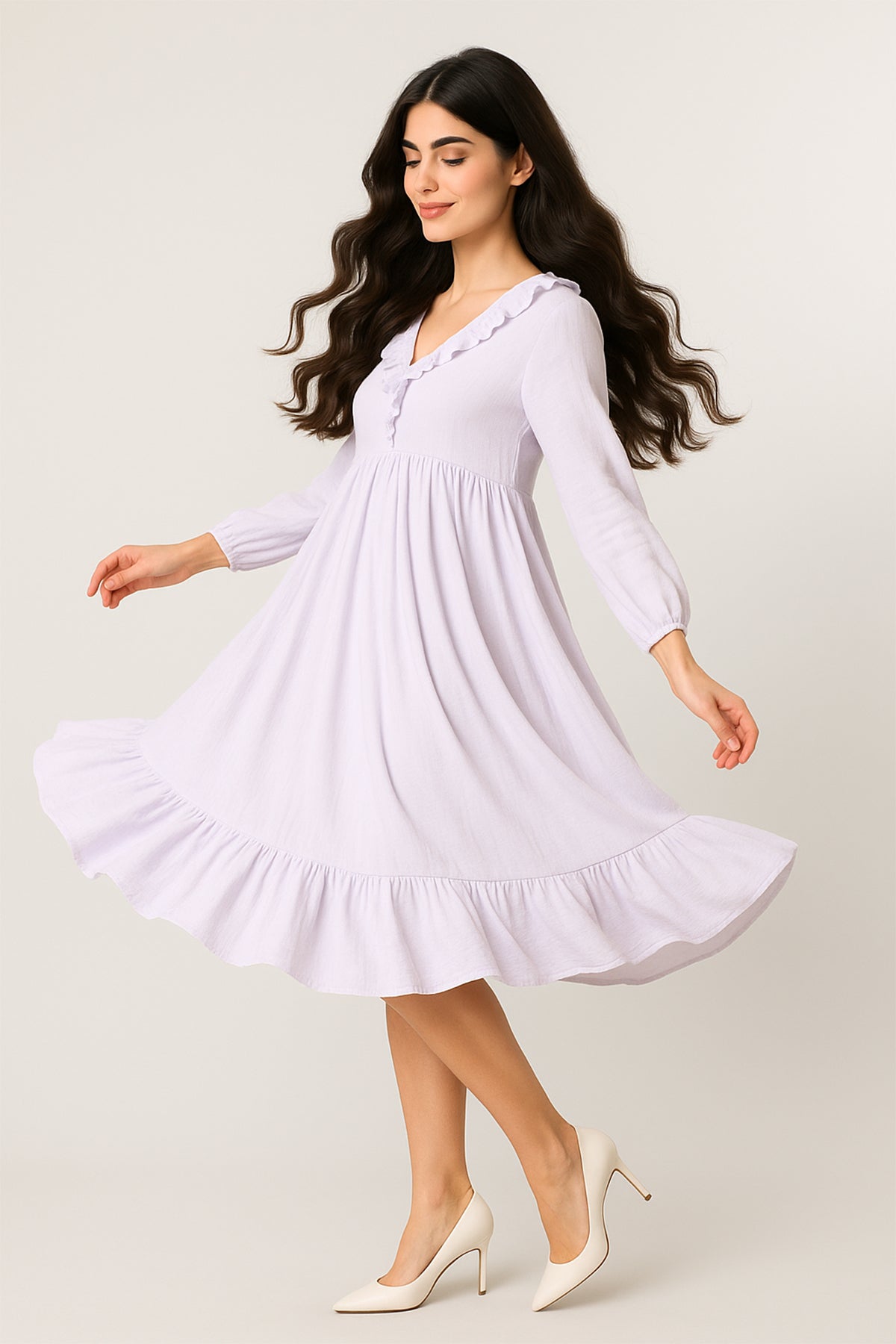 Soft Lilac Ruffle Detail Empire Midi Dress