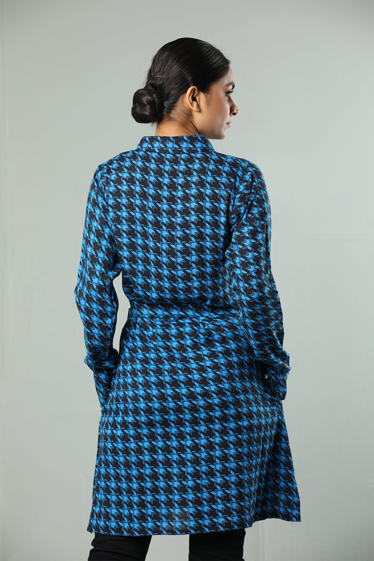 Blue & Black Printed Casual Kurti with Waist Tie