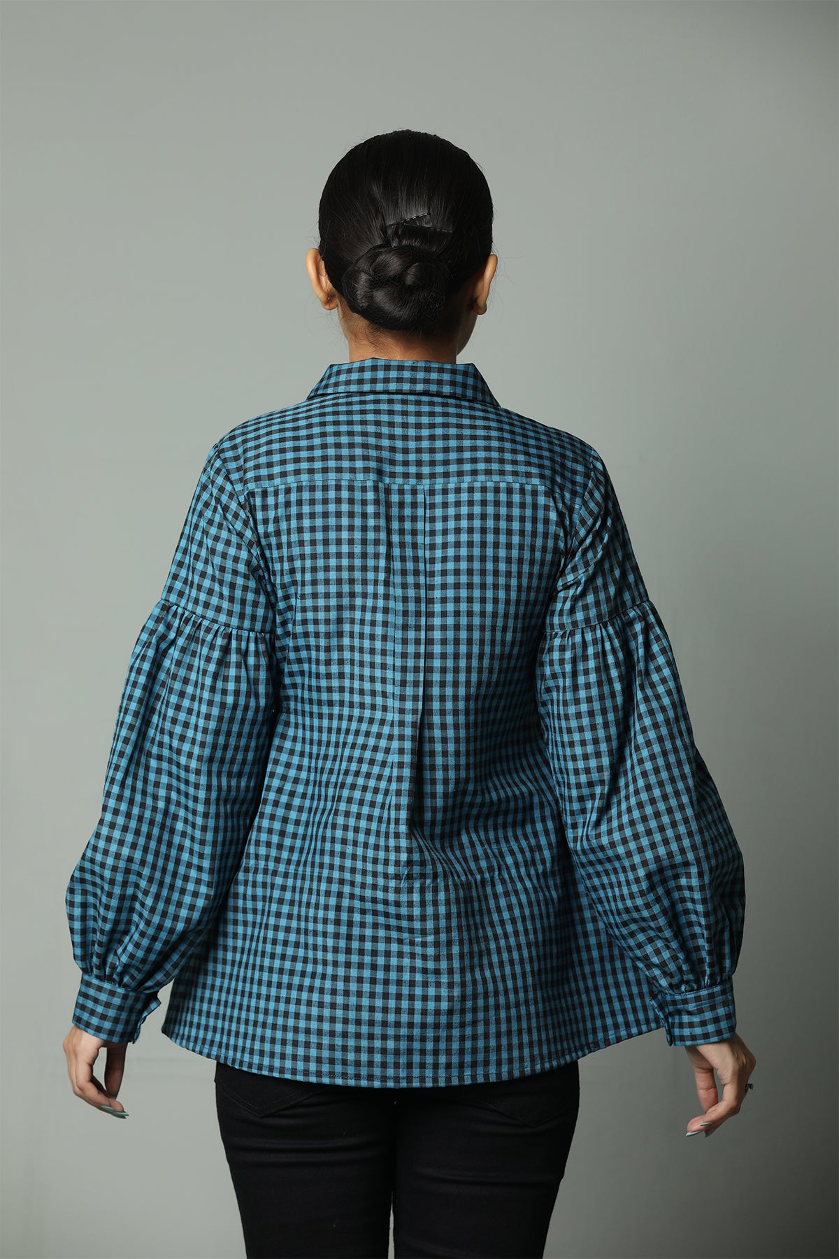 Teal Gingham Flare Shirt with Puff Sleeves