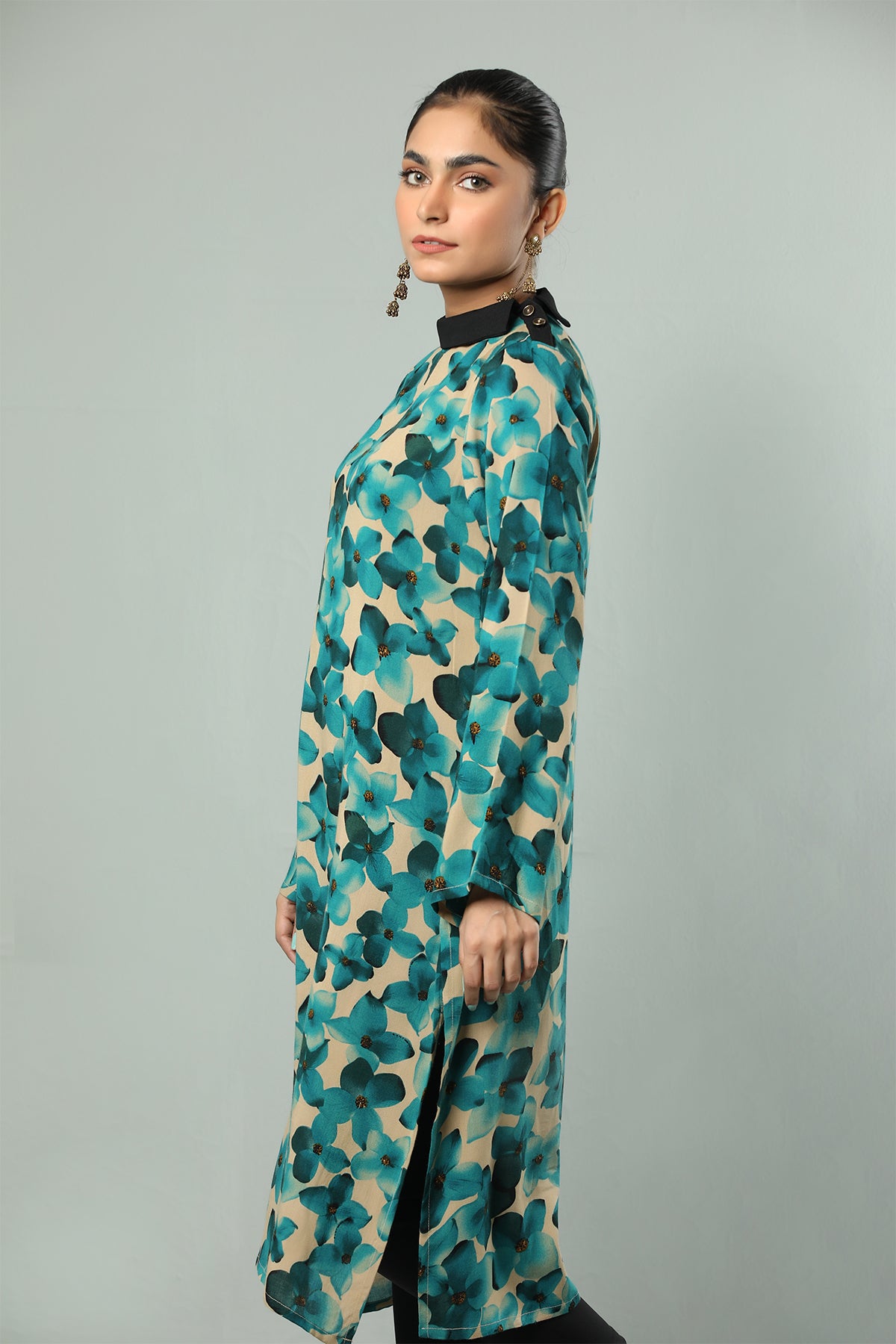 Teal Bloom High-Neck Printed Kurti