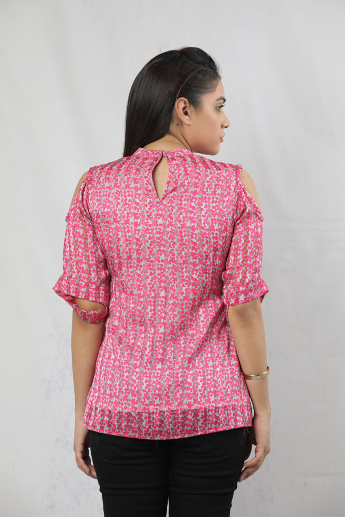 Pink Cut-Out Sleeve Printed Shirt