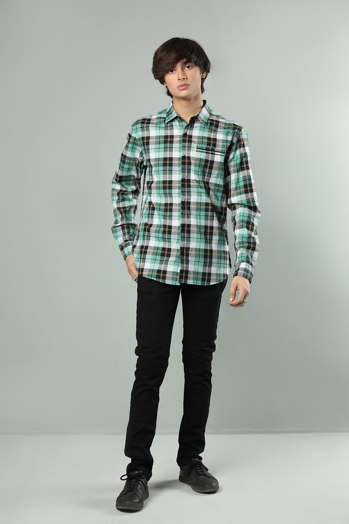 Mint Green & Black Checkered Casual Shirt – Pure Cotton Comfort
