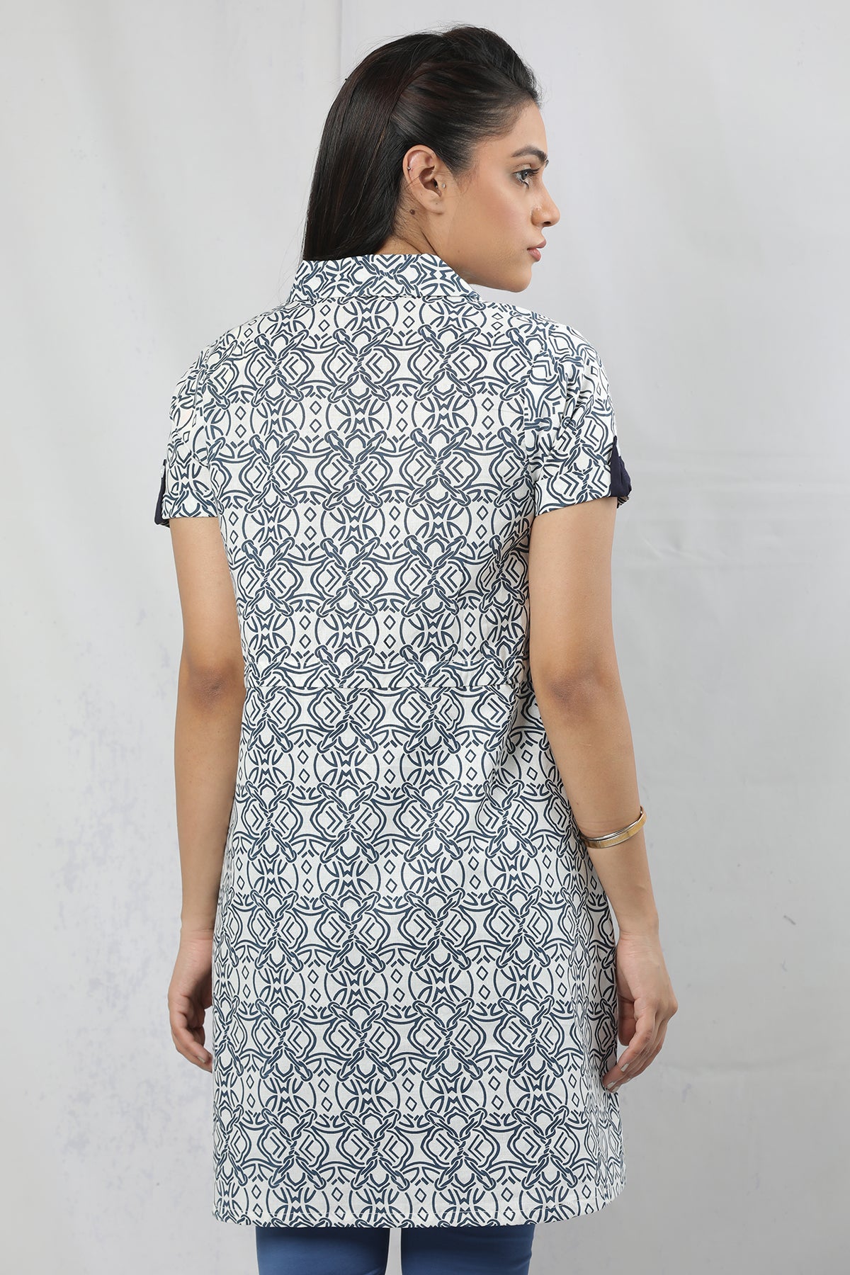 Navy Blue Geometric Printed Short Sleeve A-Line Kurti