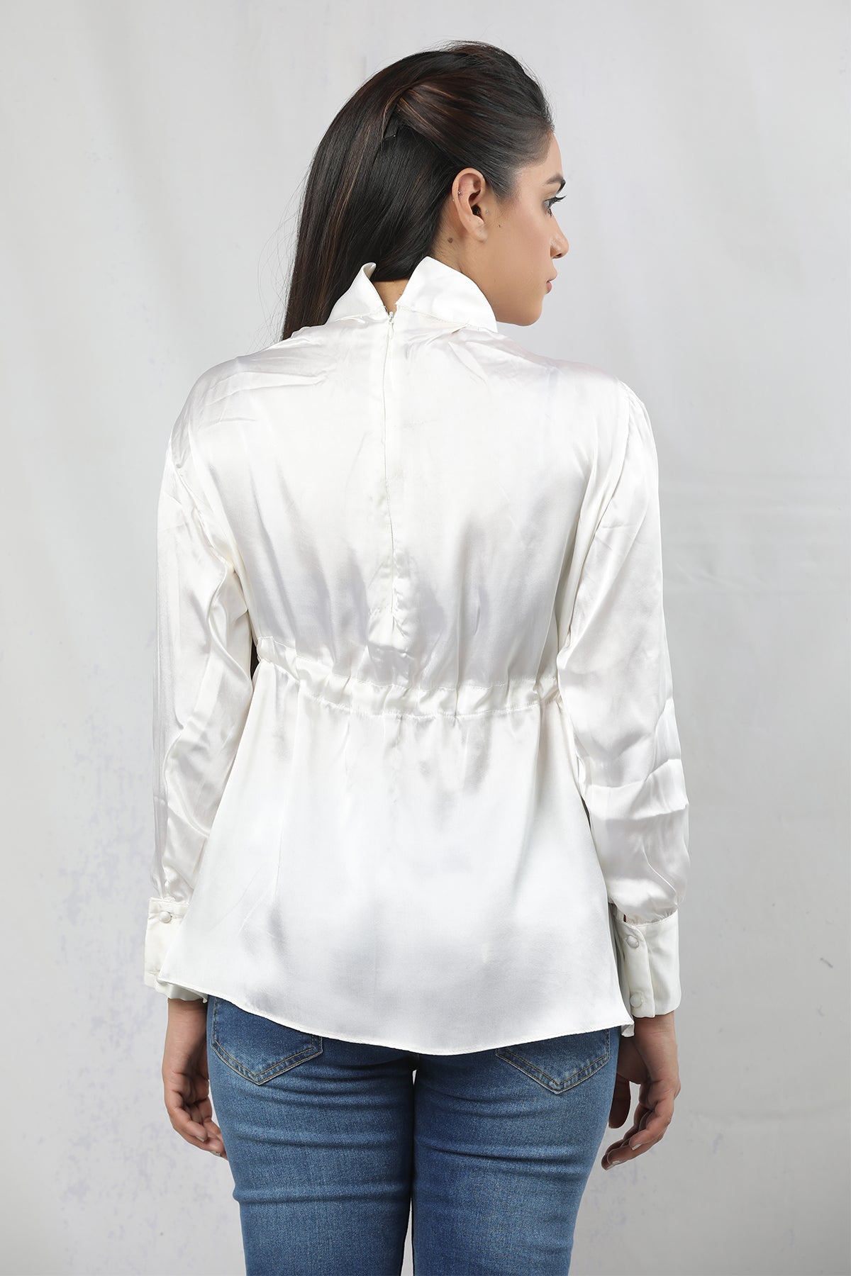Elegant White Satin Drawstring Shirt