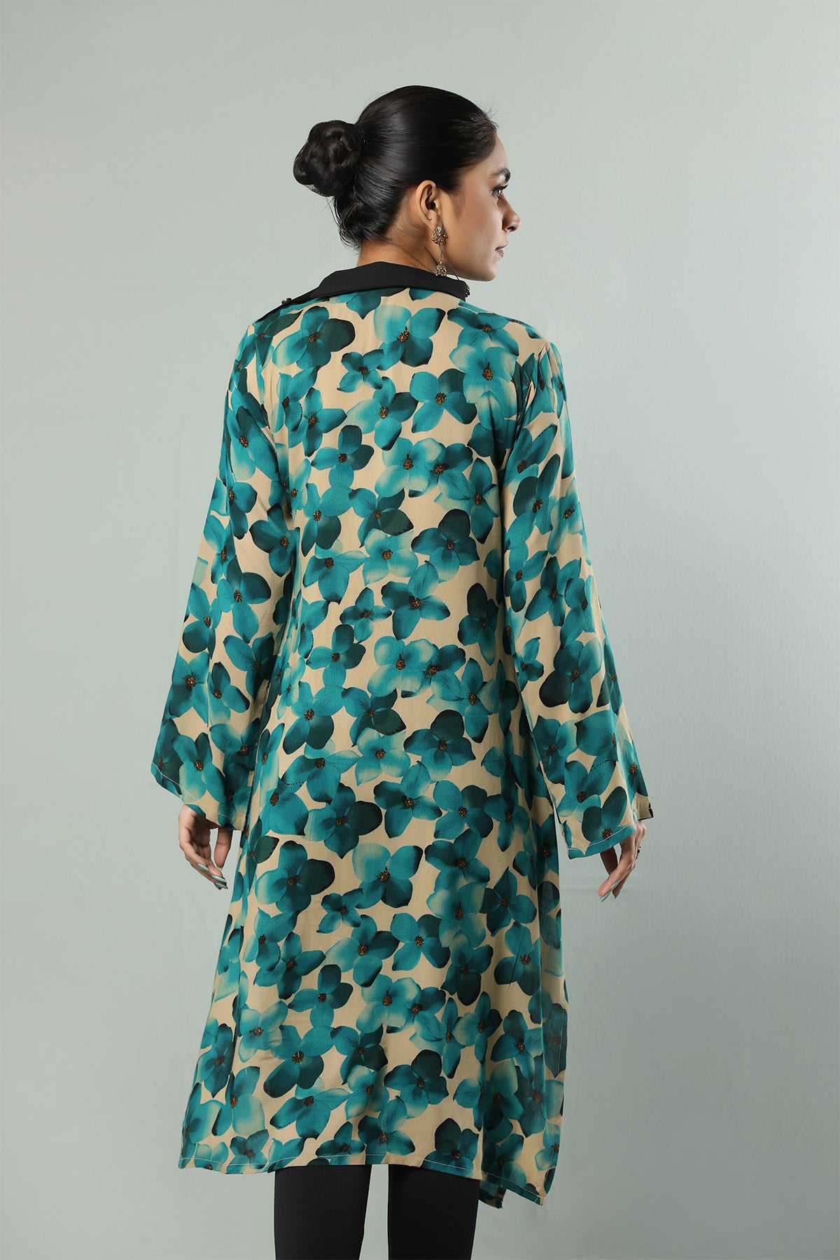 Teal Bloom High-Neck Printed Kurti