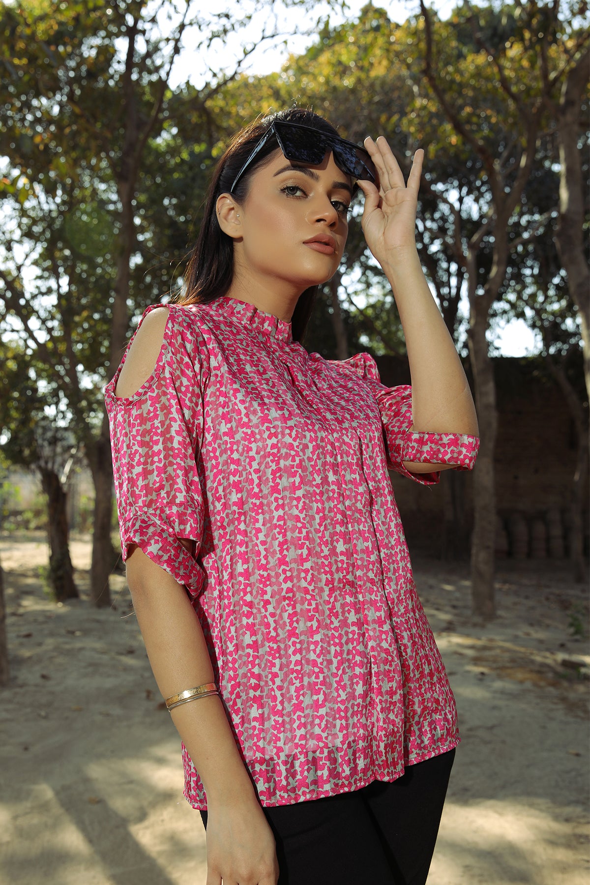 Pink Cut-Out Sleeve Printed Shirt