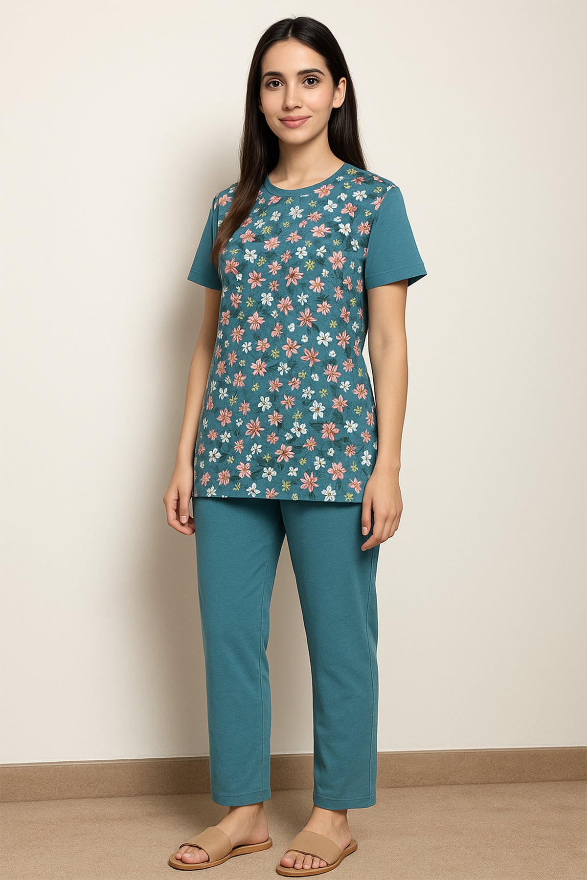 Teal Floral Cotton Pajama Set – Soft & Comfy Sleepwear