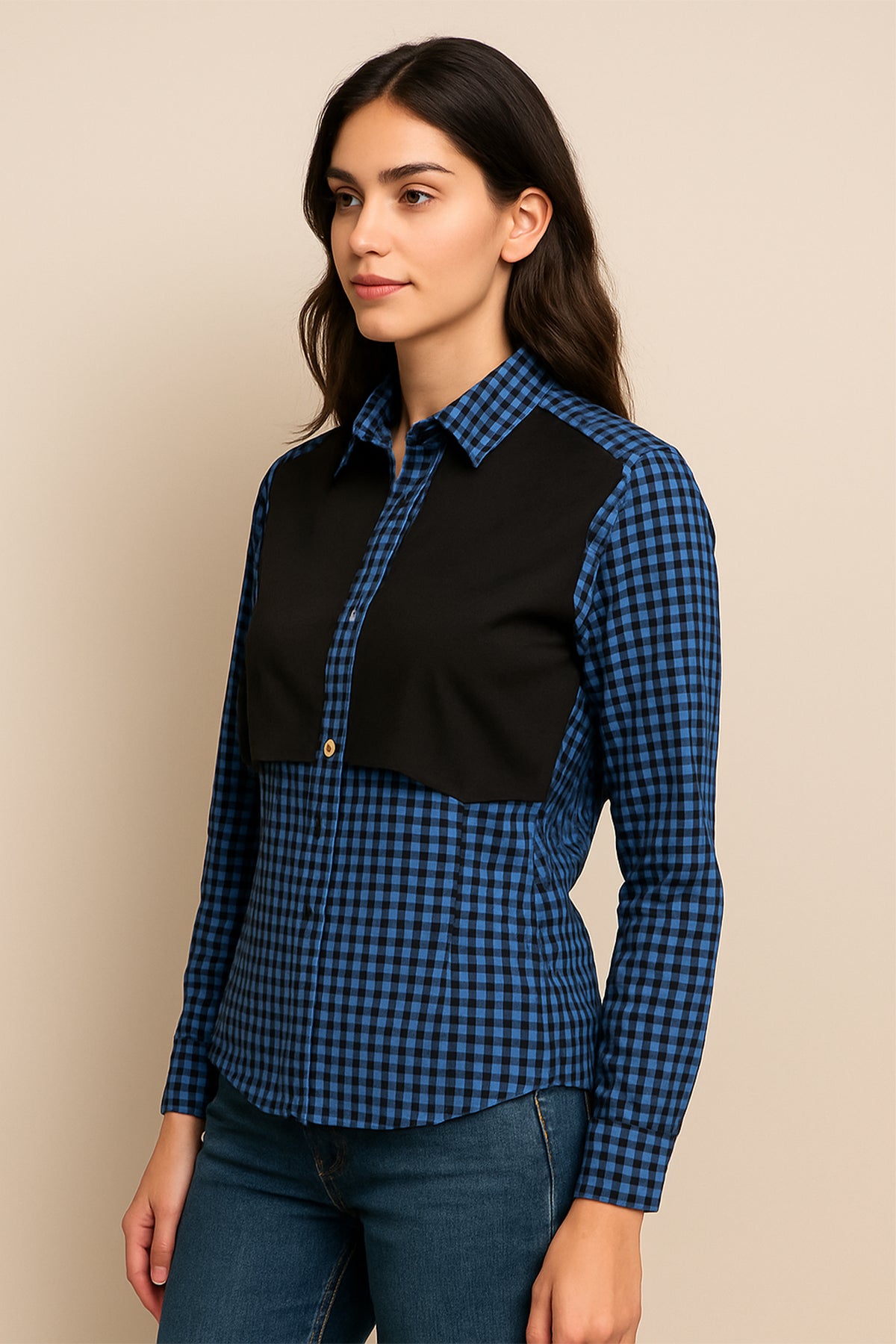 Women's Dual-Tone Check Shirt – Black & Royal Blue Gingham