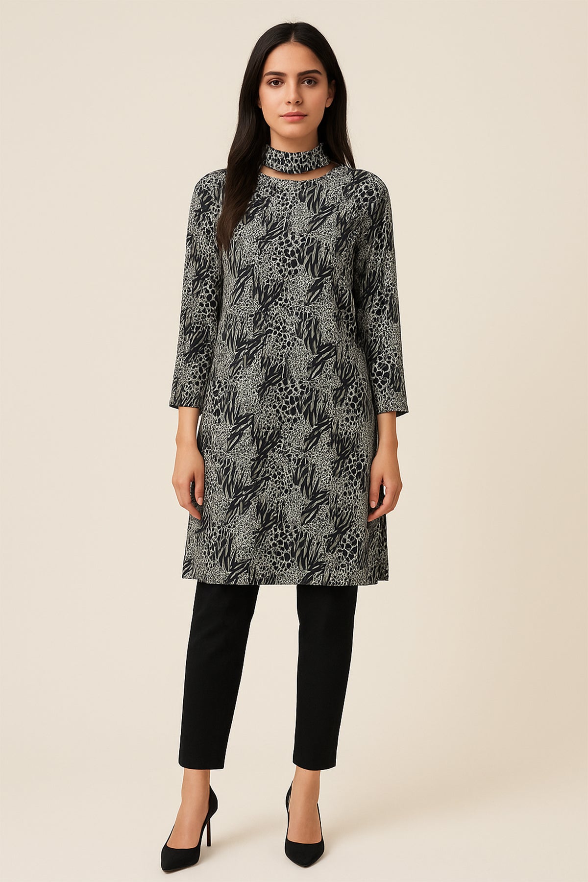 Women's Monochrome Animal Print Kurti with Cut-Out Neckline