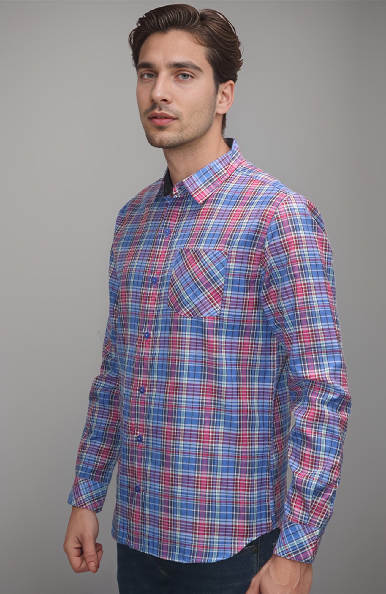 Vibrant Blue-Pink Plaid Shirt – Casual Full Sleeve