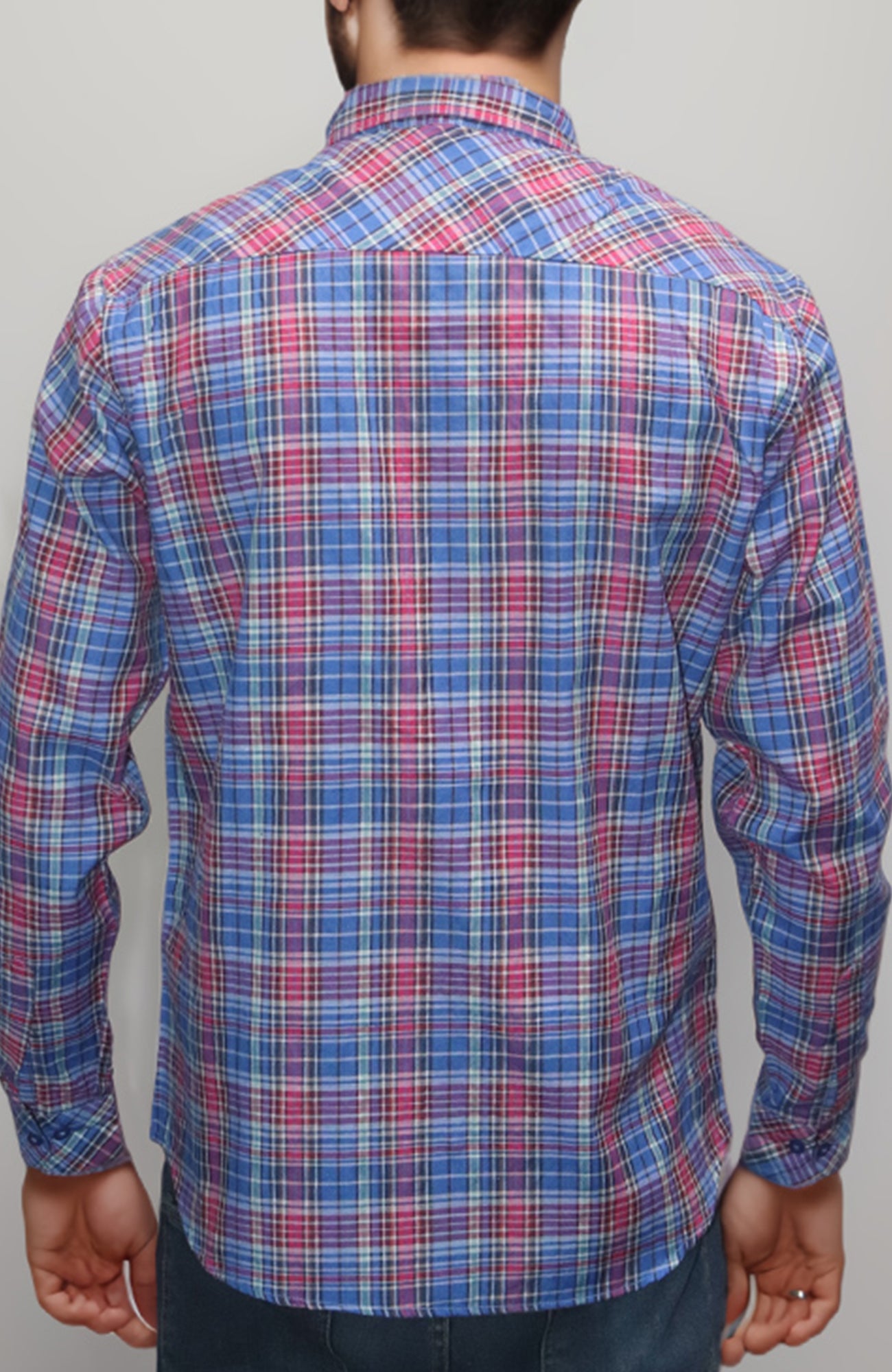 Vibrant Blue-Pink Plaid Shirt – Casual Full Sleeve