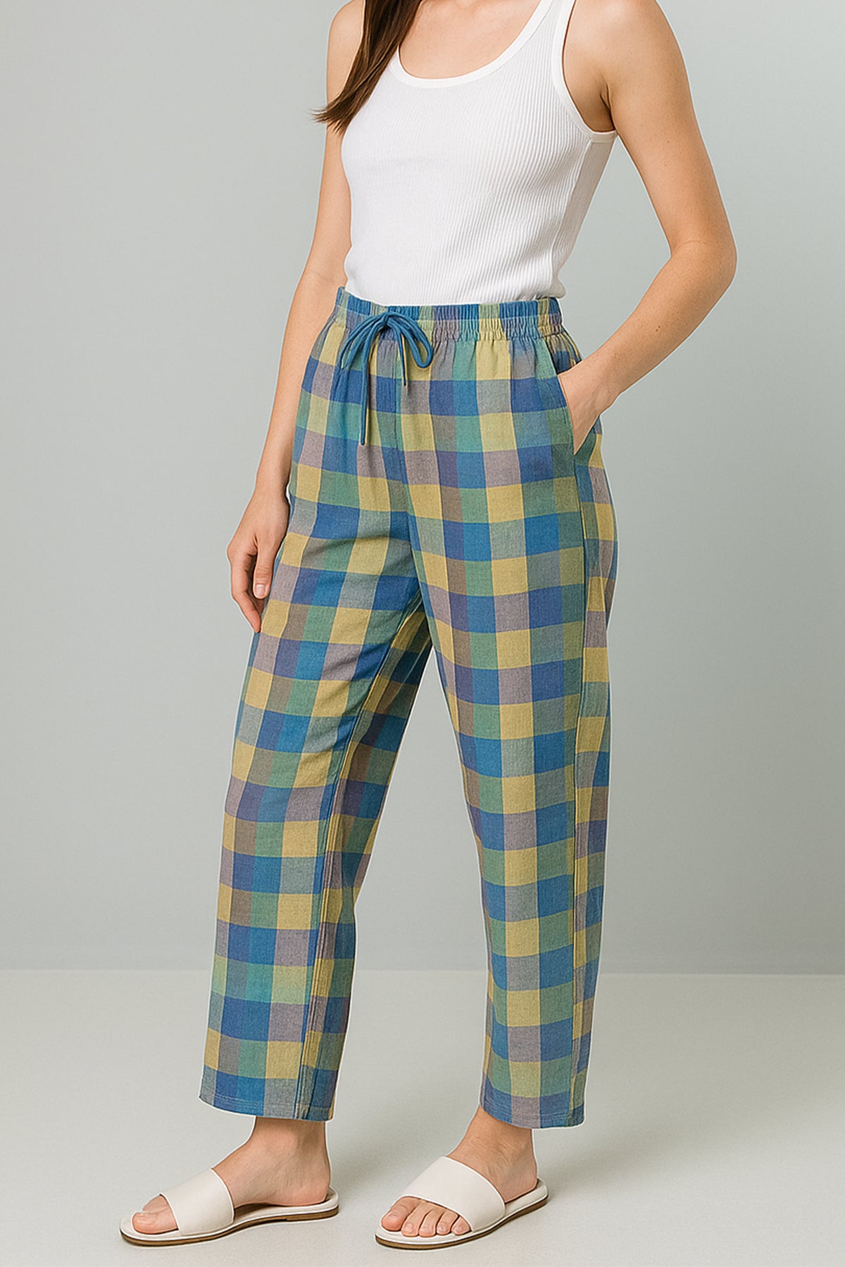 Pastel Blue & Olive Checkered Cotton Trouser