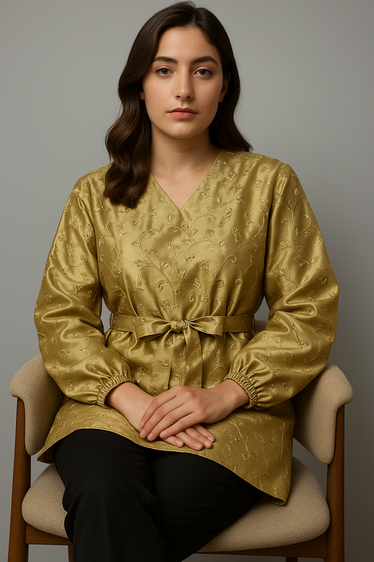 Embroidered Gold Tunic with Waist Tie