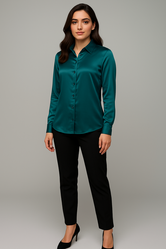 Emerald Satin Button-Up Blouse