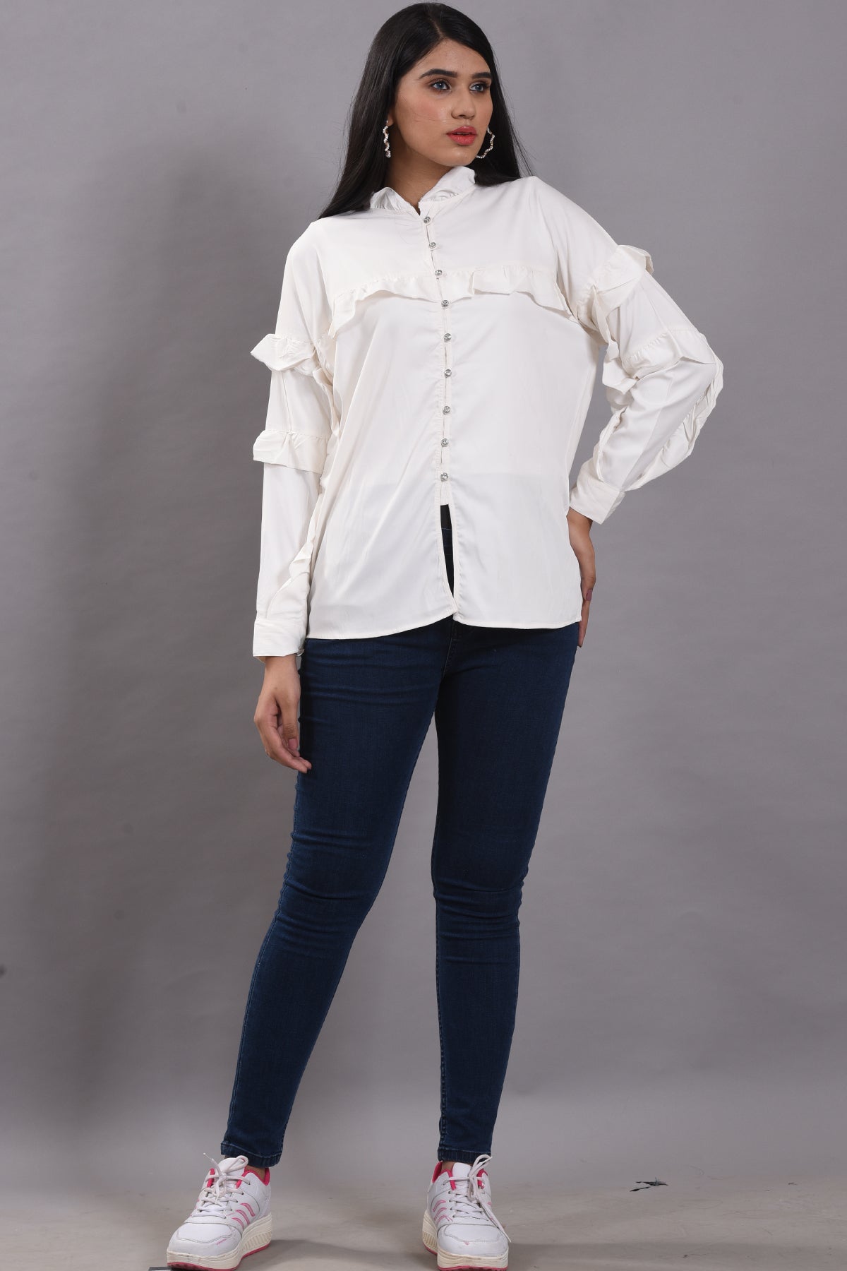 Ruffle Charm White Button-Down Shirt