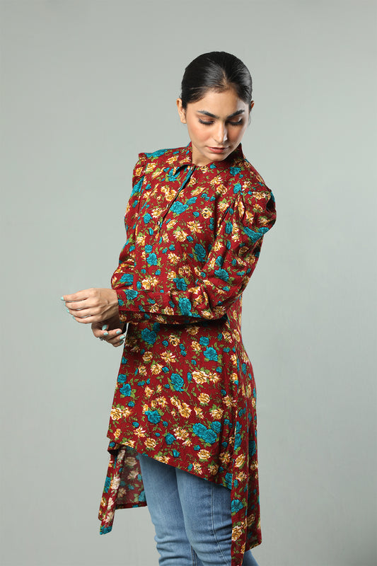 Maroon Floral High-Low Kurti with Puff Sleeves – Statement Style