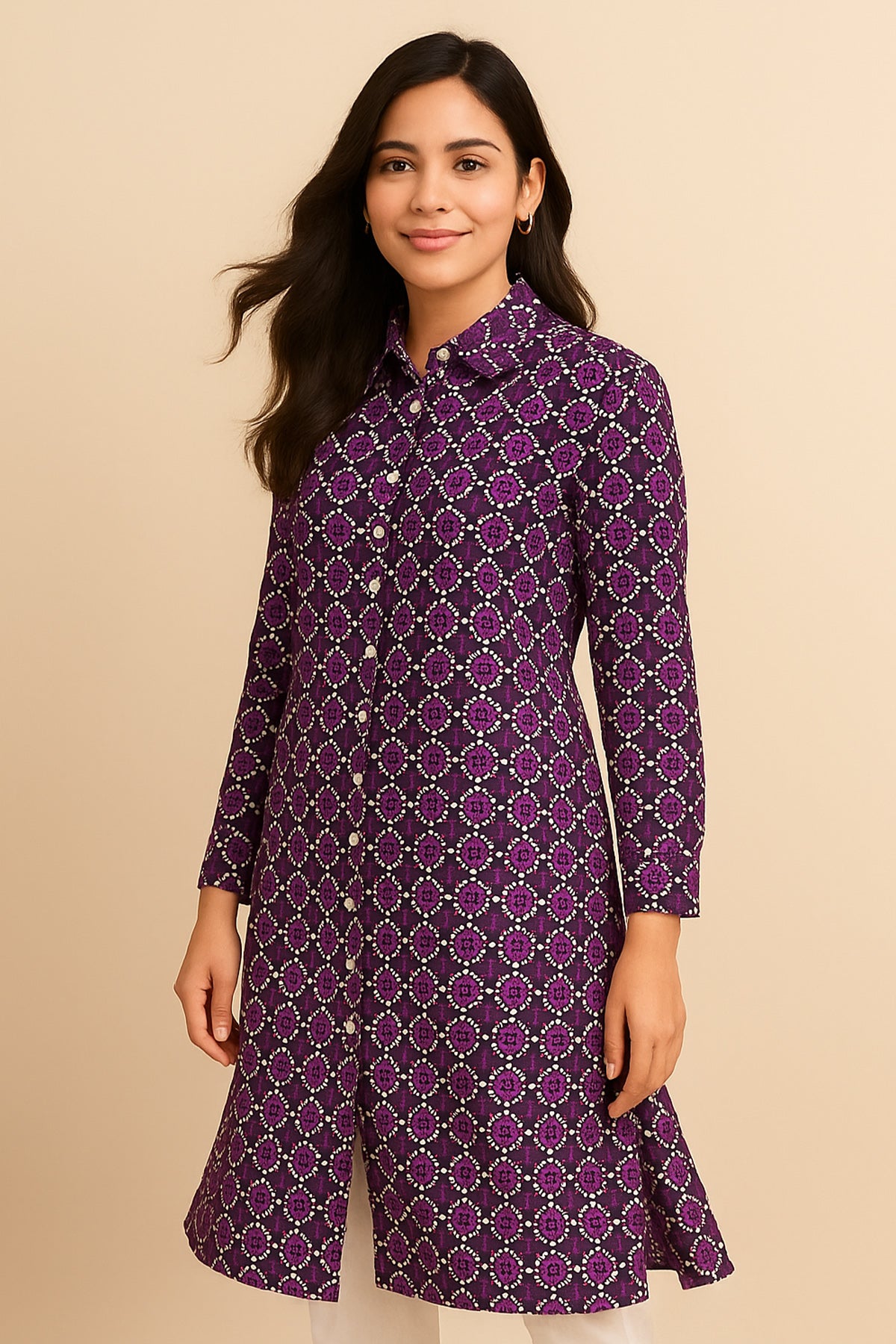 Purple Mosaic Printed Linen Kurti