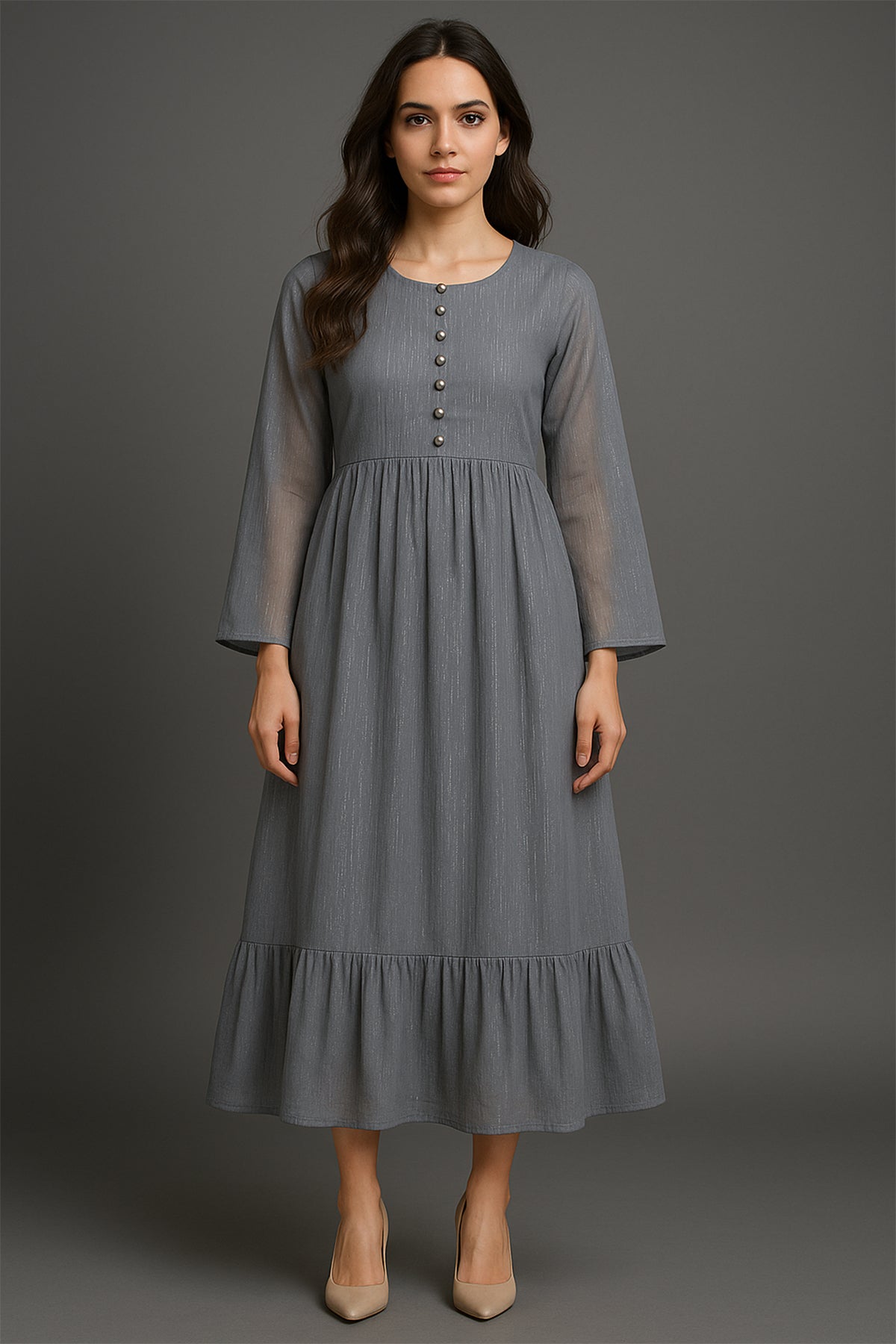 Charcoal Grey Gathered Maxi Dress – Button Front Elegance