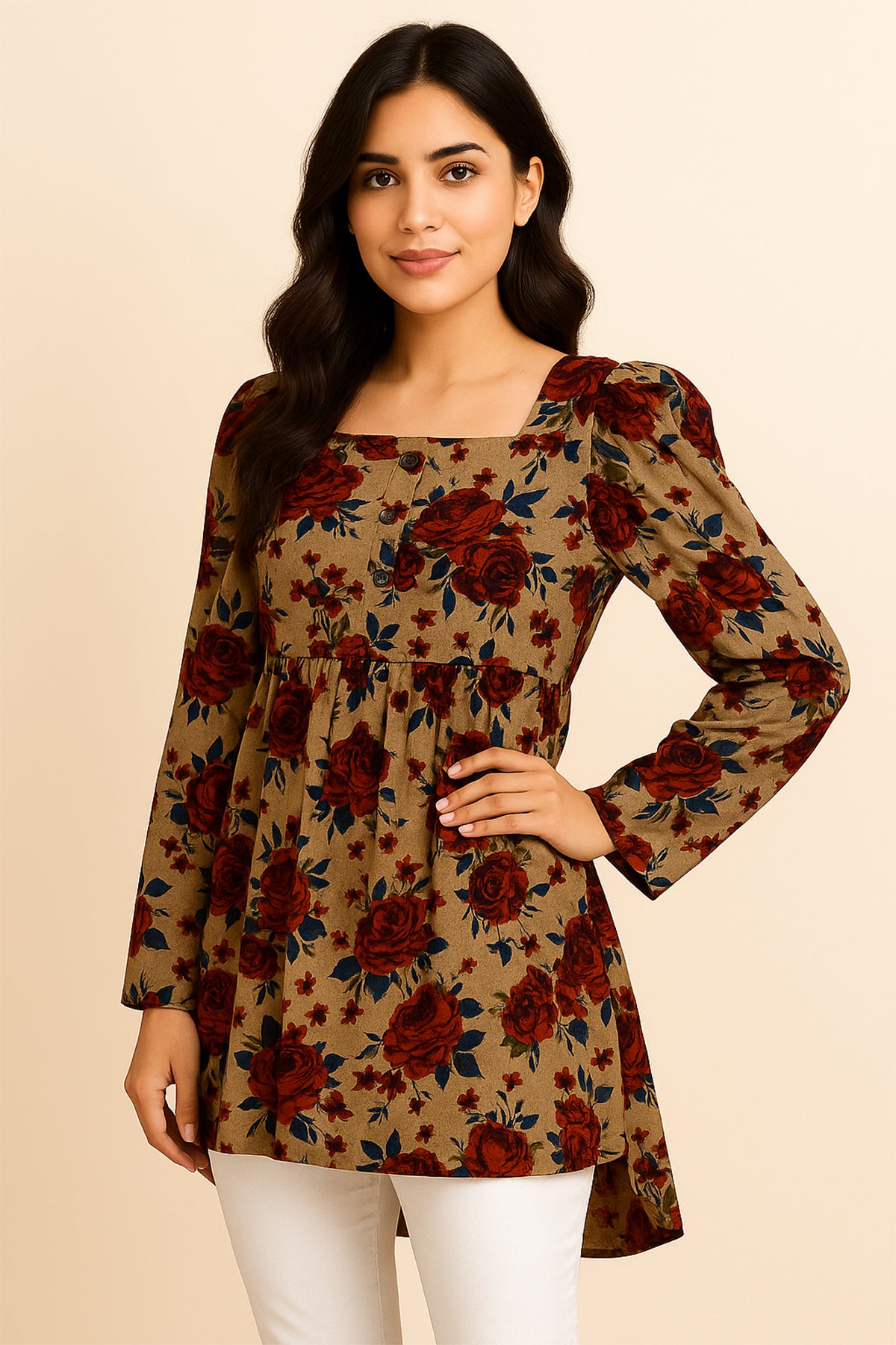 Vintage Rose Print Linen Peplum Kurti