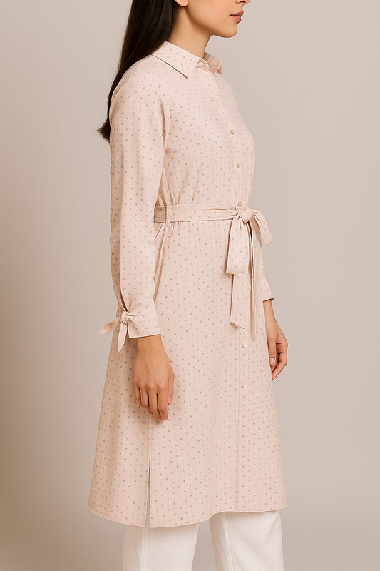 Soft Pink Button-Down Linen Kurti with Waist Tie