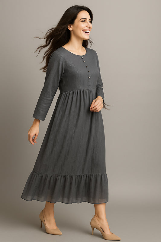 Charcoal Grey Gathered Maxi Dress – Button Front Elegance