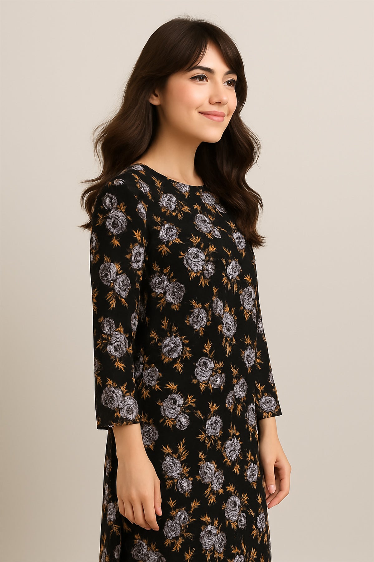 Black Floral Printed Kurti – Rose Motif Elegance