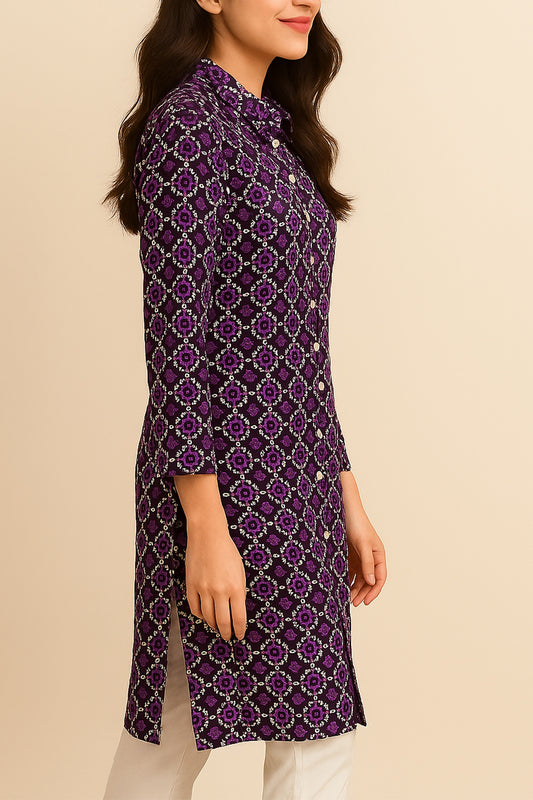 Purple Mosaic Printed Linen Kurti