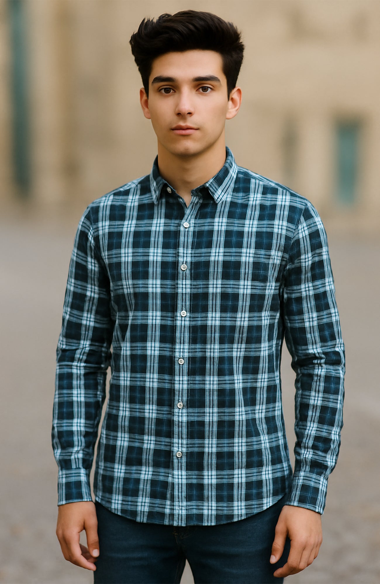 Ocean Blue Grid Check Shirt – Full Sleeve Casual Fit