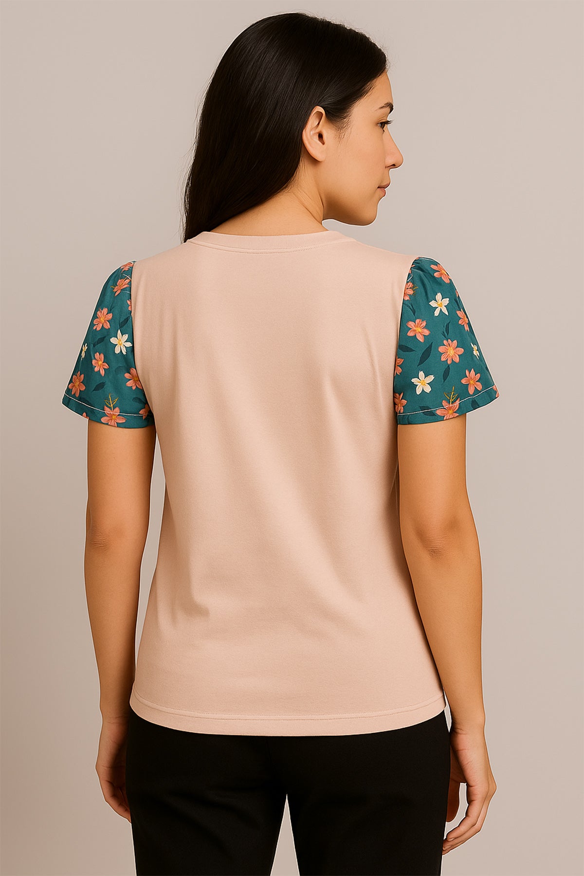 Blush Pink Puff Sleeve Floral Pocket T-Shirt
