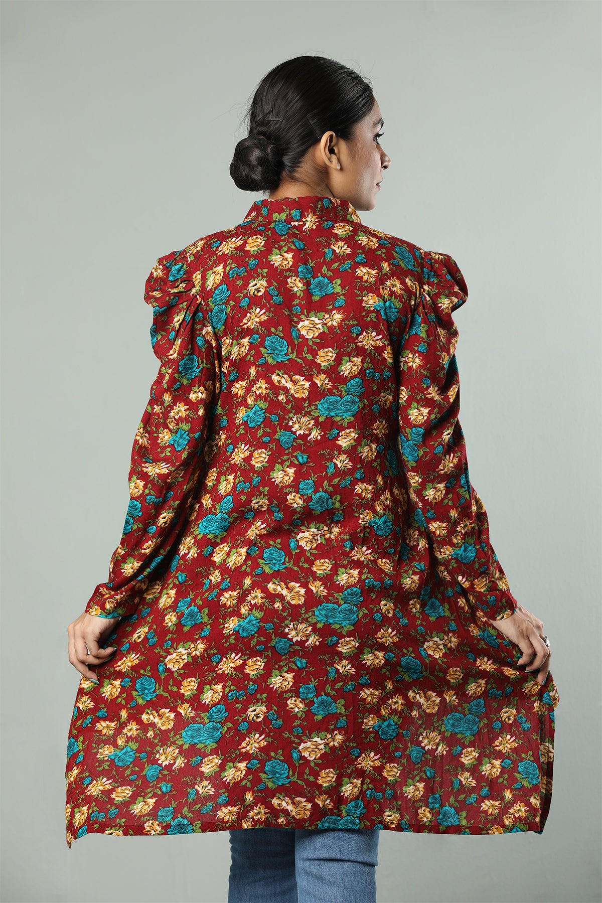 Maroon Floral High-Low Kurti with Puff Sleeves – Statement Style