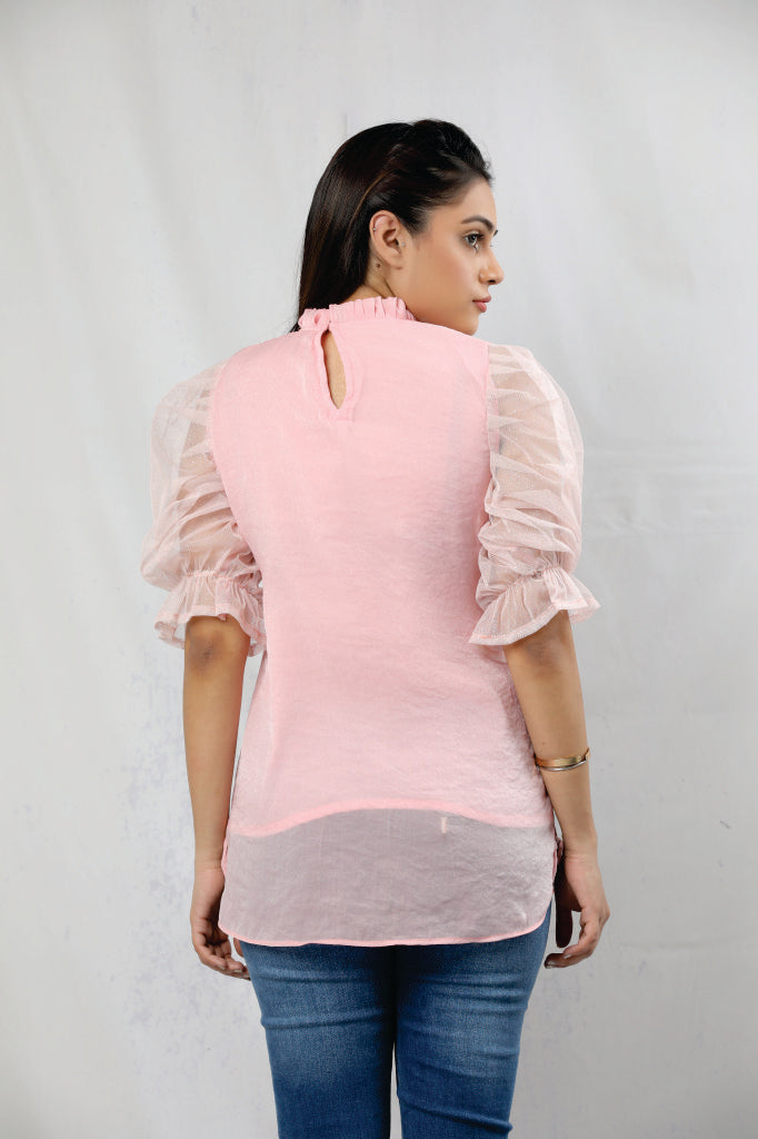NECK FRILL THAI LENGTH TOP WITH DOTED EMBROIDERED 3 QUARTER PRINCESS SLEEVES