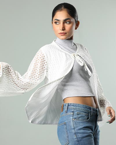 EMB NET WHITE BELL SLEEVES FRONT OPEN TOP